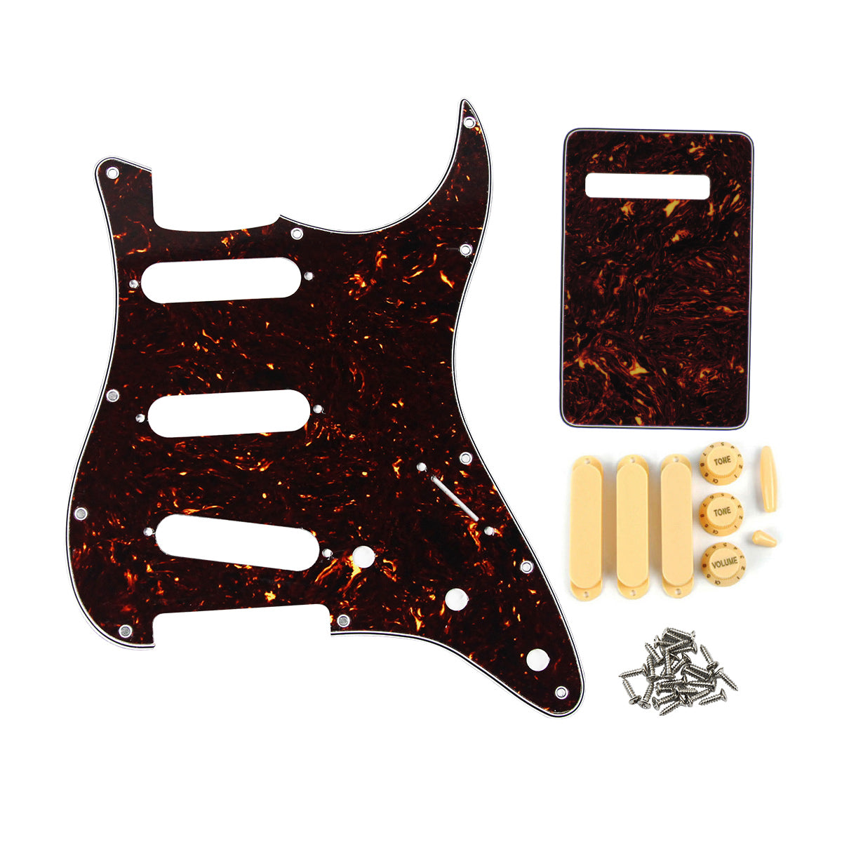 <transcy>FLEOR Brown Tortoise SSS Gitarren-Pickguard-Rückenplatte & Pickup-Abdeckungen Knöpfe Schalter Whammy Bar Tipps für 11-Loch Strat-Gitarrenzubehör</transcy>