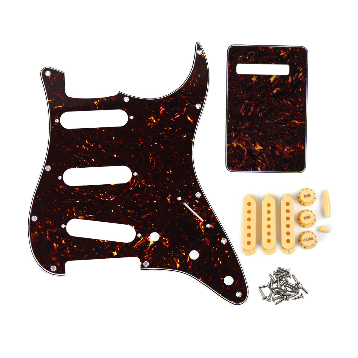 <transcy>FLEOR Brown Tortoise SSS Gitarren-Pickguard-Rückenplatte & Pickup-Abdeckungen Knöpfe Schalter Whammy Bar Tipps für 11-Loch Strat-Gitarrenzubehör</transcy>