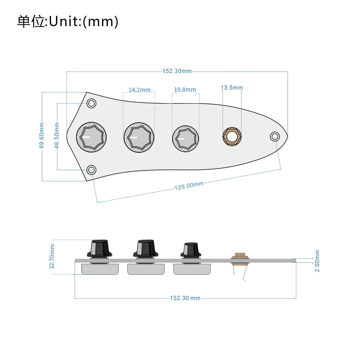 FLEOR Chrome Chargé Pré-câblé Basse Plaque De Contrôle Harnais Jack Noir Boutons pour JB Basse Guitare Pièces