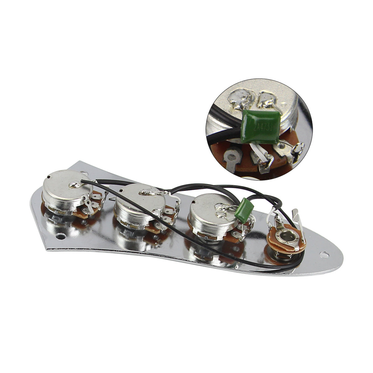 <transcy>FLEOR JB Bass Prewired Switch Control Plate Chrom mit schwarzen Knöpfen für FD Jazz Bass</transcy>