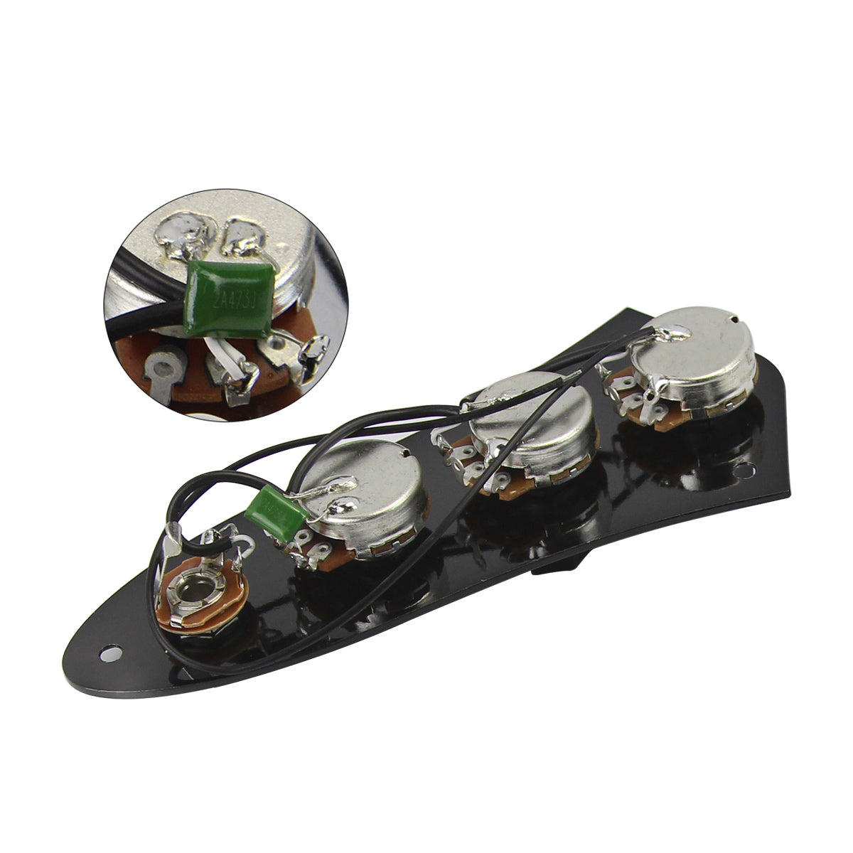<transcy>FLEOR Chrome Loaded Prewired Bass Control Plate Harness Jack Schwarze Knöpfe für JB Bassgitarrenteile</transcy>