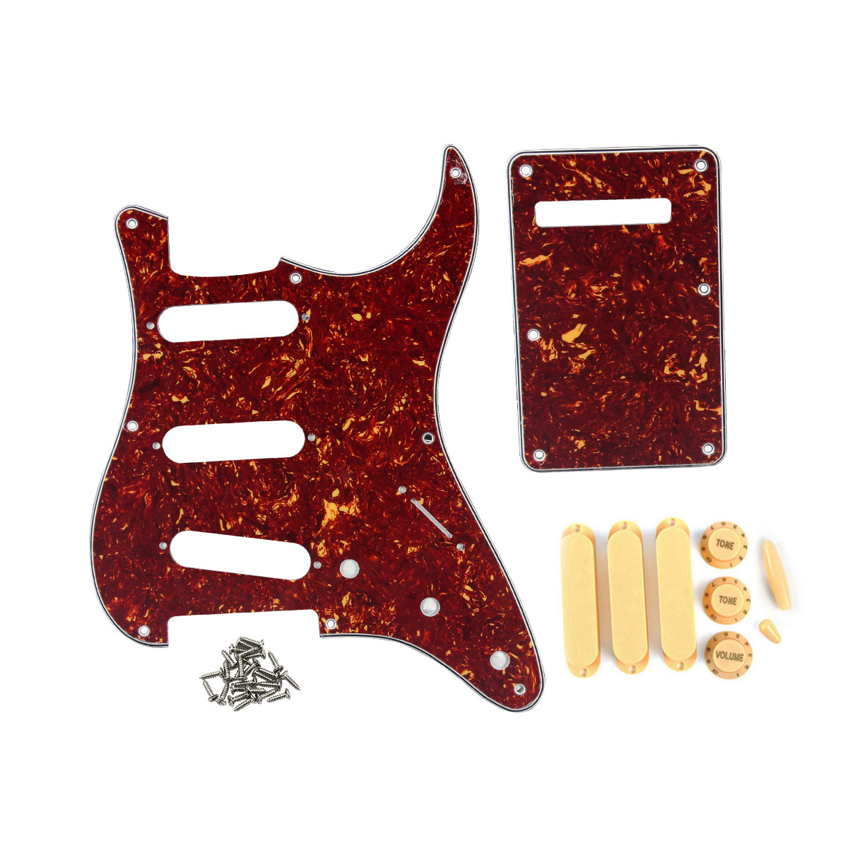 FLEOR Set of Red Tortoise Vintage 8 Hole SSS Pickguard Back Plate & Single Coil Pickup Covers Knobs Switch Tremolo Arm Tips for Strat Guitar Parts