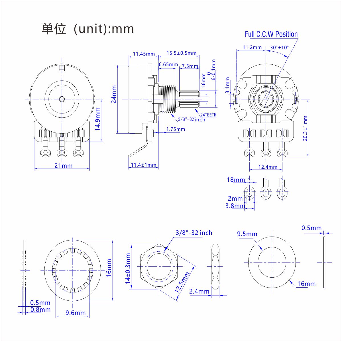 FLEOR Brass 3/8" Short Shaft Guitar Potentiometers Pots | iknmusic