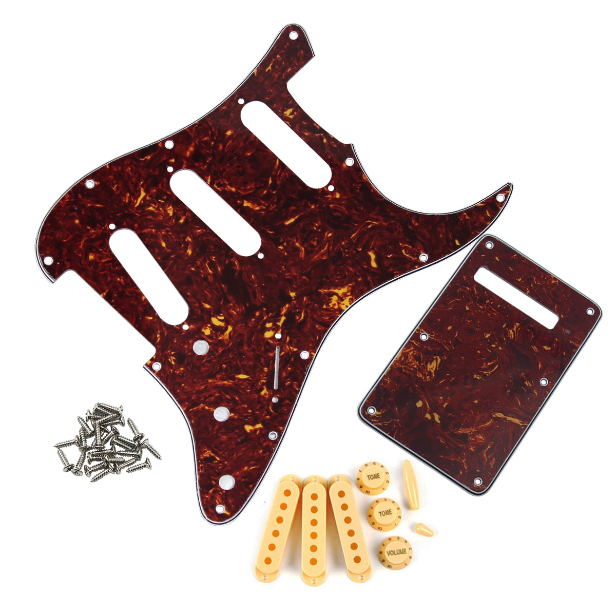 FLEOR Red Tortoise Guitar Pickguard Back Plate & Pickup Covers Knobs Switch Whammy Bar Tip for 11 Hole SSS Strat Guitar Accessories