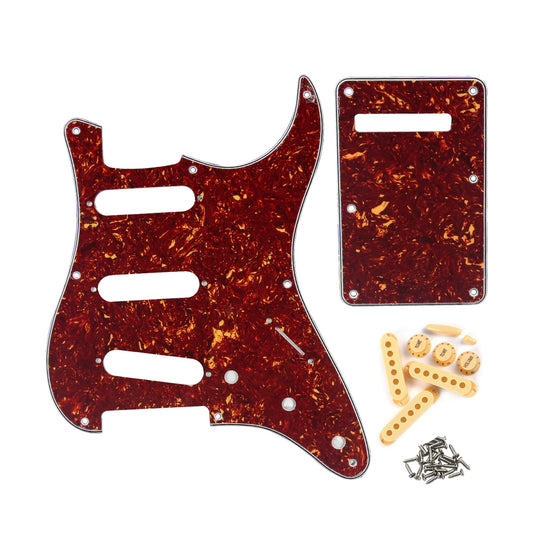 FLEOR Set of Red Tortoise Vintage 8 Hole SSS Pickguard Back Plate & Single Coil Pickup Covers Knobs Switch Tremolo Arm Tips for Strat Guitar Parts